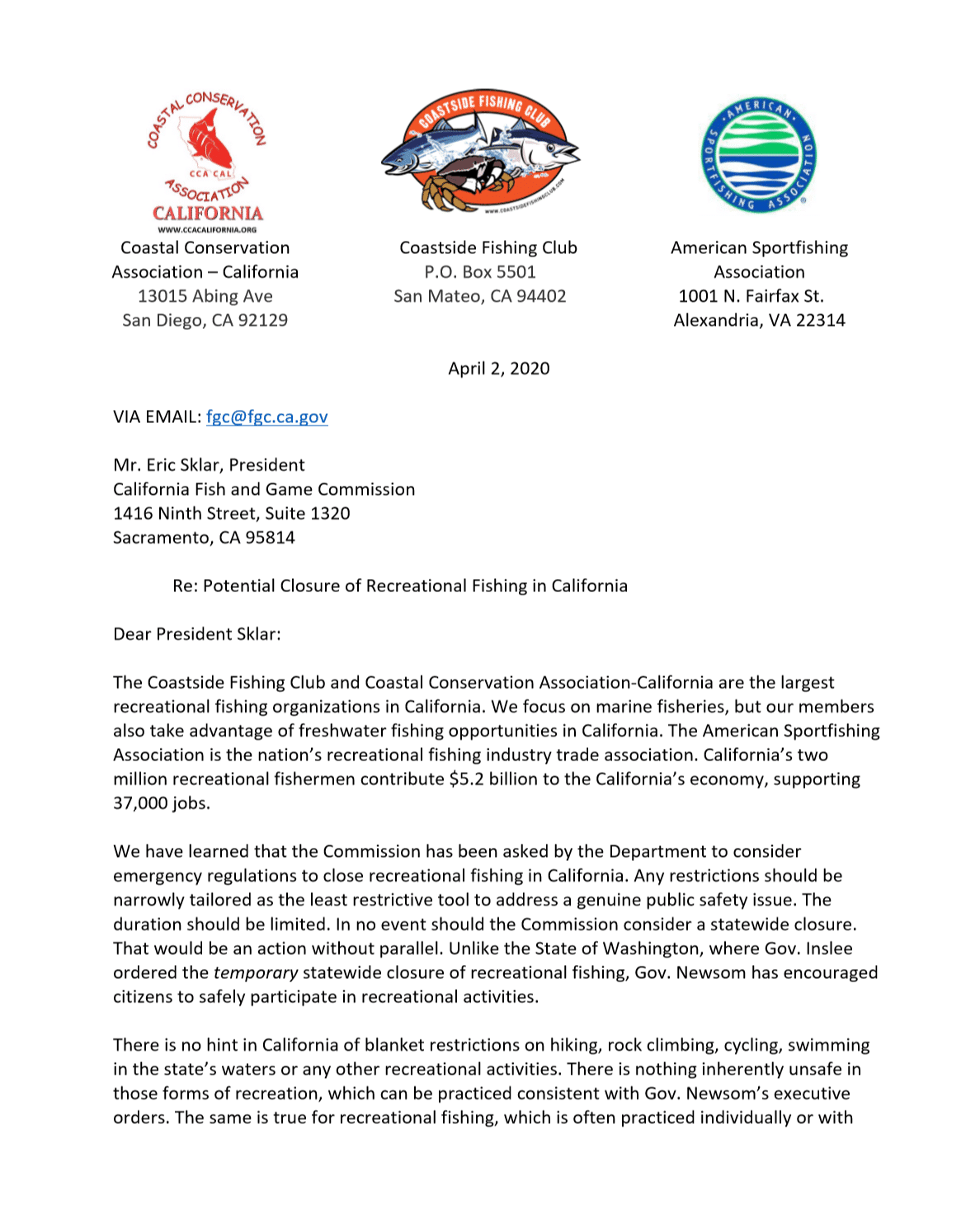 CCA CAL Submits Letter To Fish Game Commission In Response To 
